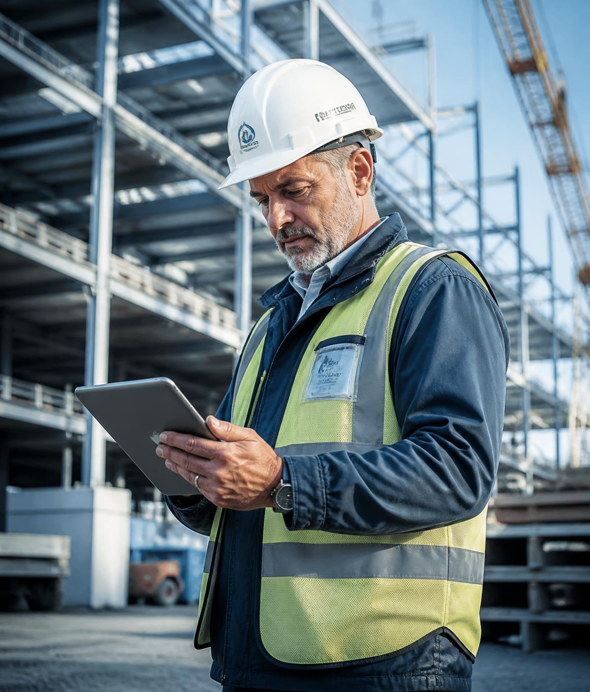 Construction foreman reviewing project plans on a tablet at a job site