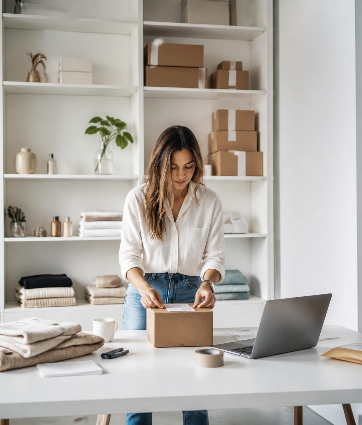 Small business owner packing an online order in a bright fulfillment studio