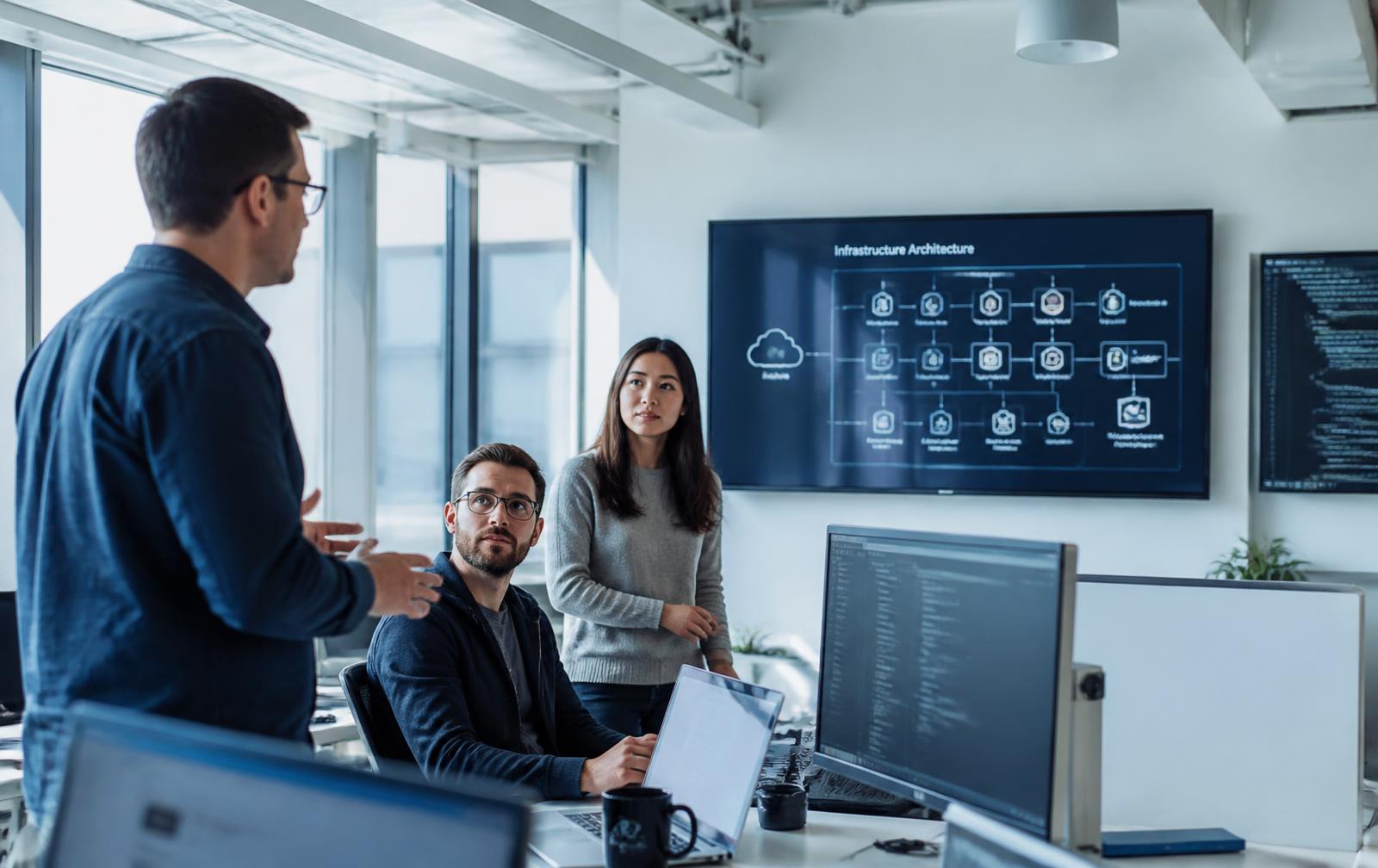 CloudDreamers engineers reviewing an infrastructure architecture diagram in a Seattle office